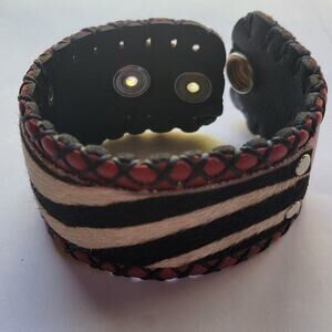 Leather Cuff Bracelet Multicolor Zebra Stripe Hair On Hide Snap Western Boho